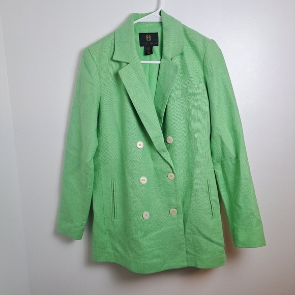 House Of Harlow Light Green Linen Blend Long Double Breasted Blazer Jacket Sz XS - Picture 1 of 8